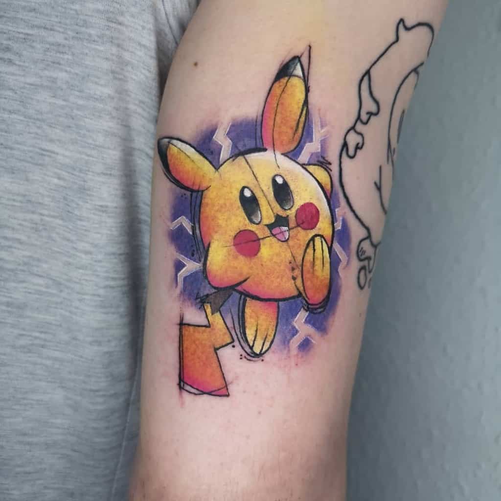 Kirby tattoo fused with Pikachu, featuring yellow fur, pointy ears, and electric sparks and violet background