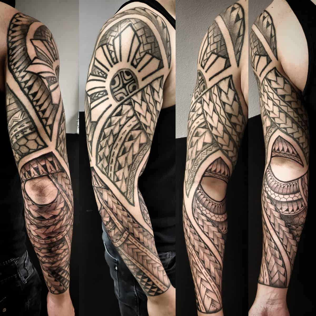 A man's arm with a full sleeve of intricate black tribal tattoos from various angles displaying detailed Polynesian geometric patterns