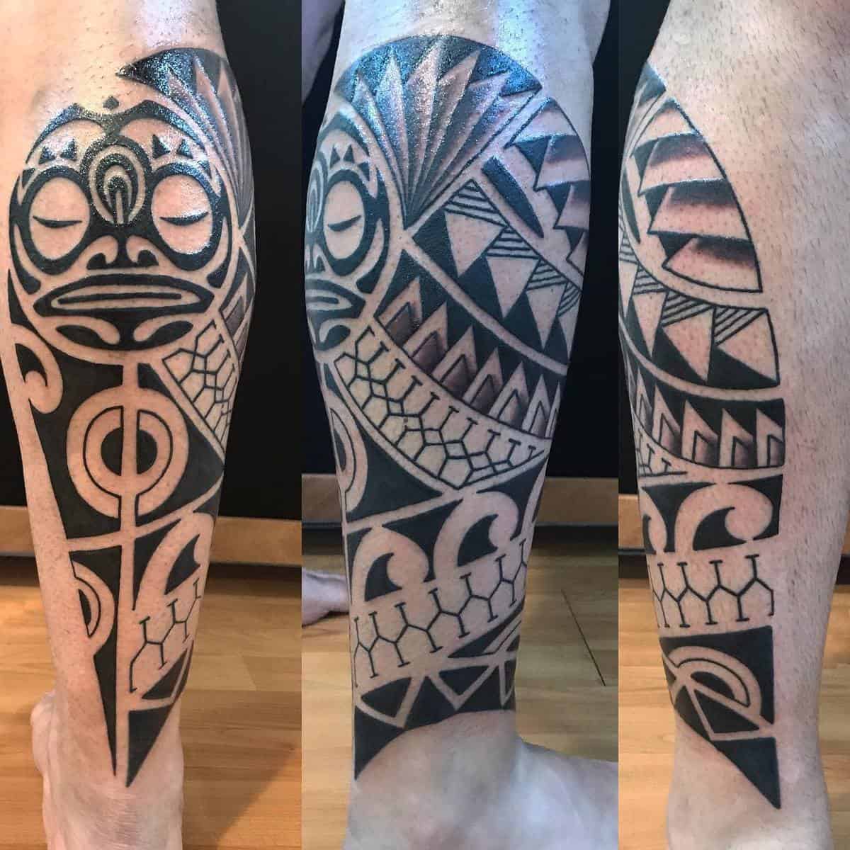 Three views of a leg tattoo showcasing detailed Polynesian tribal designs in black ink