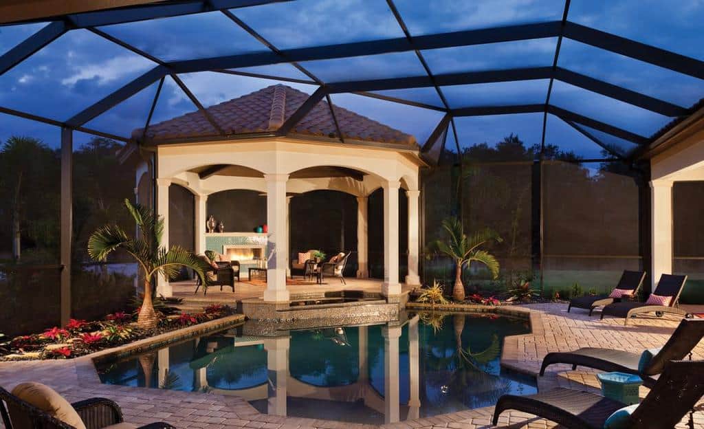 large outdoor patio pool fireplace