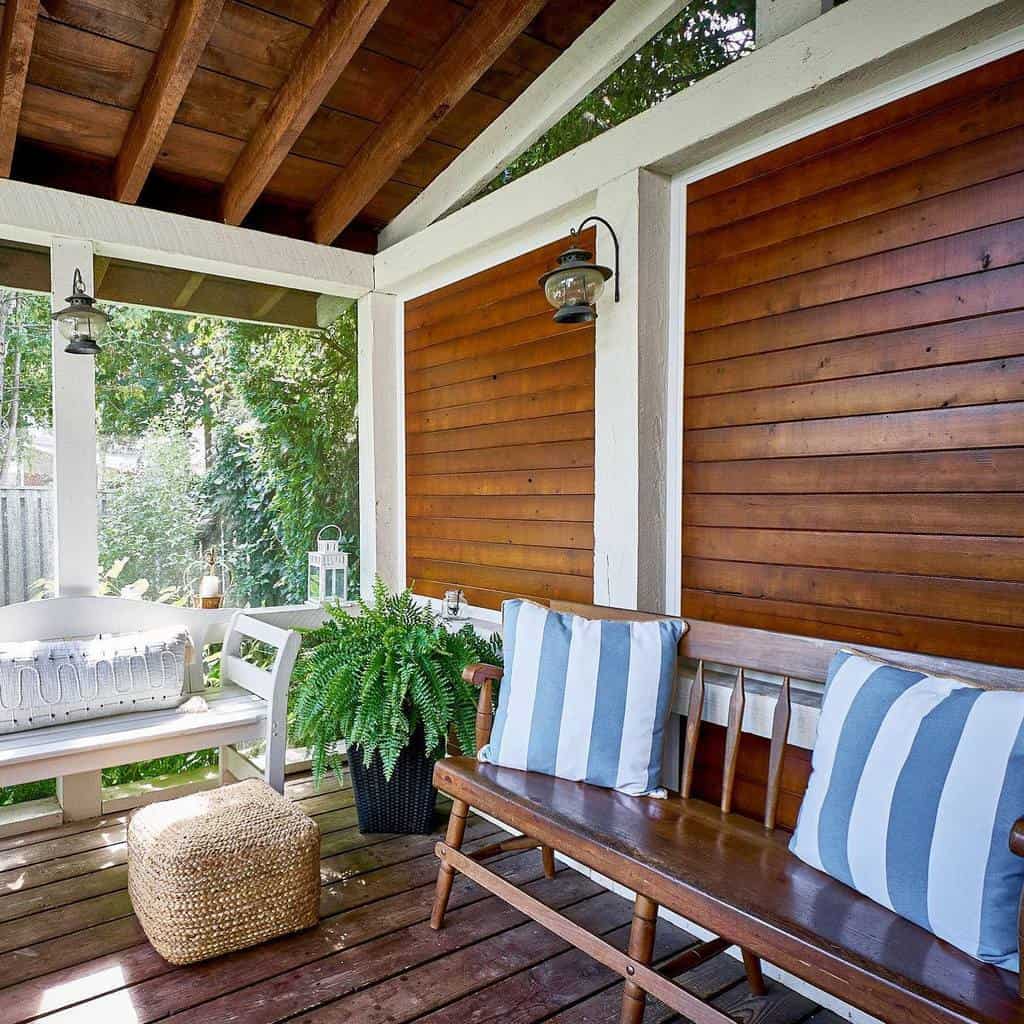 enclosed wood deck vintage sofa plants