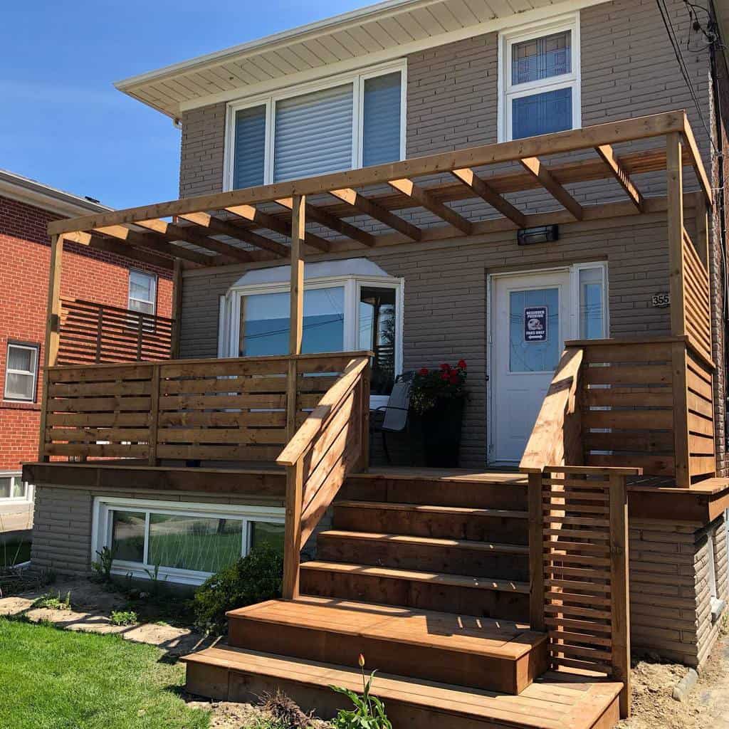 two story house wood deck