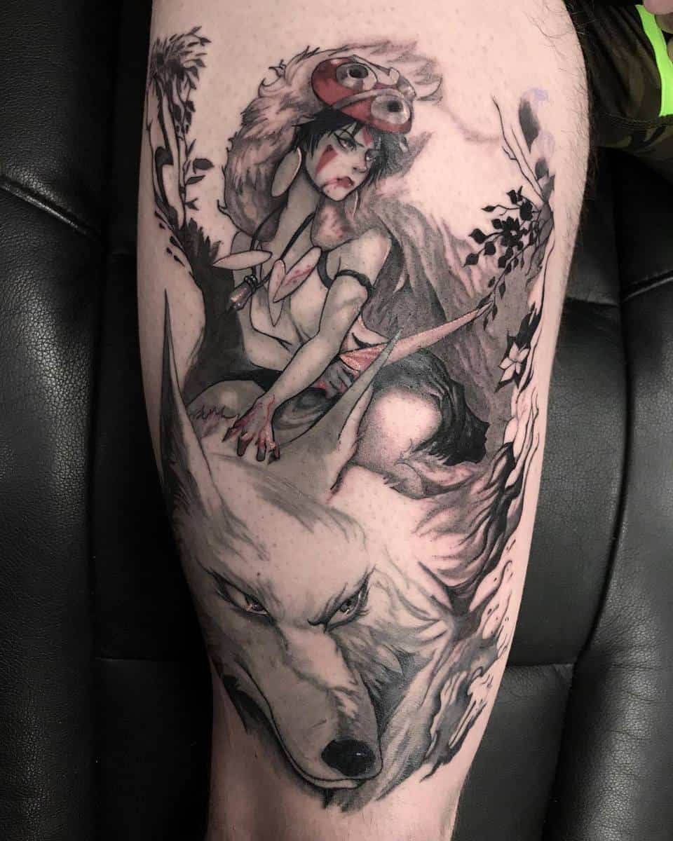 Detailed black and gray tattoo of San and Moro from Studio Ghibli's Princess Mononoke on the thigh.
