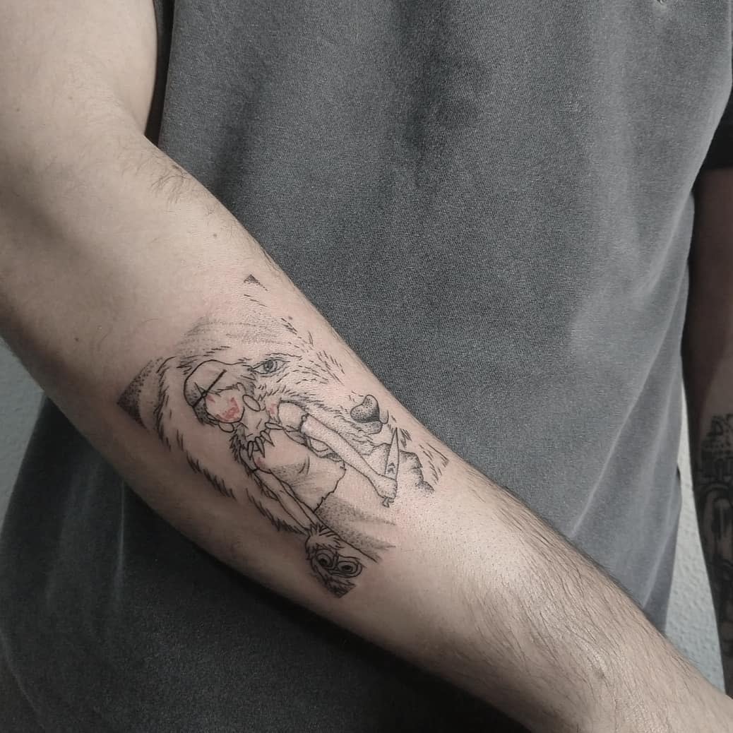 Subtle black and gray tattoo of San with Moro from Studio Ghibli's Princess Mononoke on the forearm.