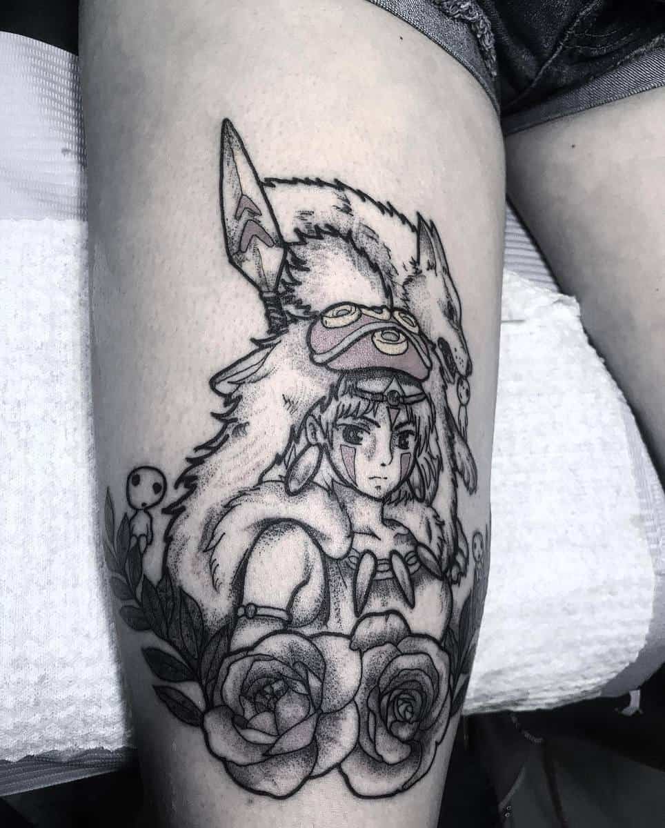 Detailed black and gray tattoo of San from Princess Mononoke with Moro and roses on the thigh