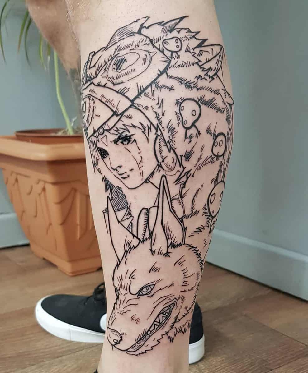Linework tattoo of San, Moro, and Kodama spirits from Princess Mononoke on the calf