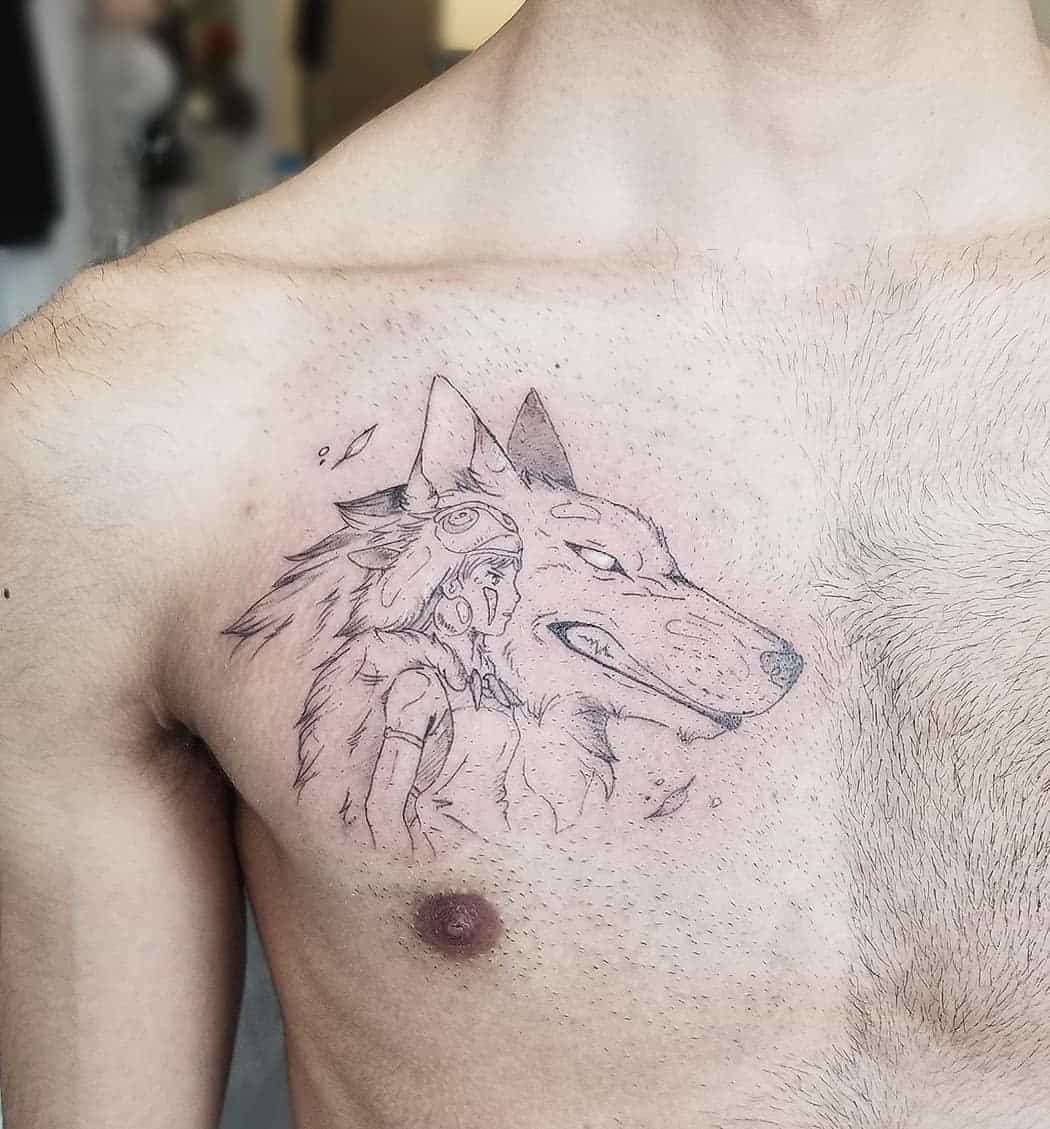 Linework tattoo of San and Moro from Princess Mononoke on the chest