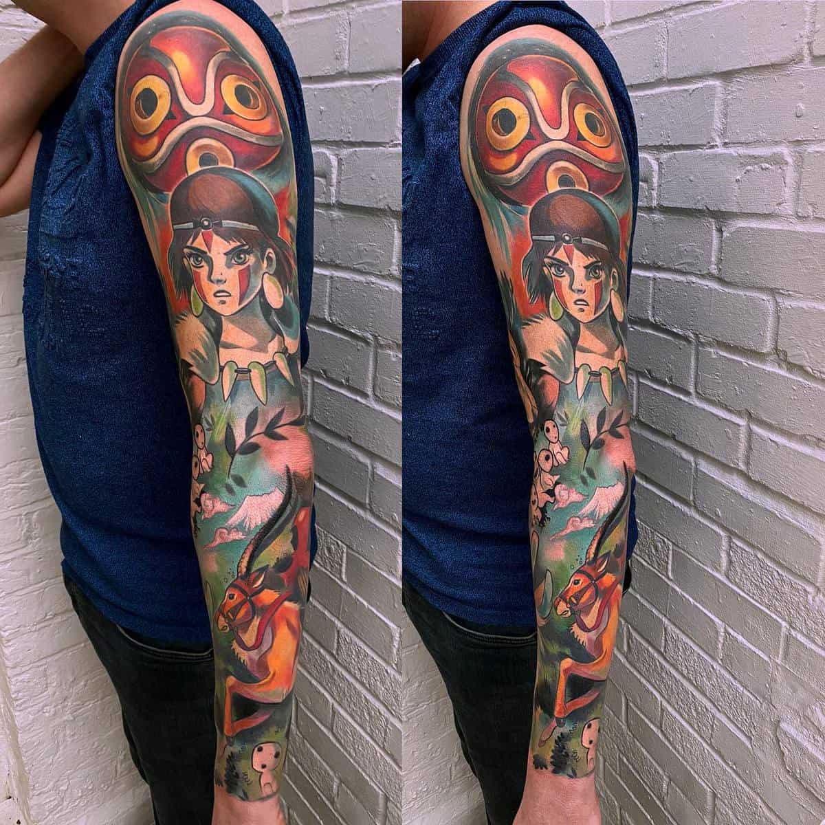 Vibrant full-sleeve tattoo featuring San, her red mask, Yakul, and Kodama spirits from Princess Mononoke