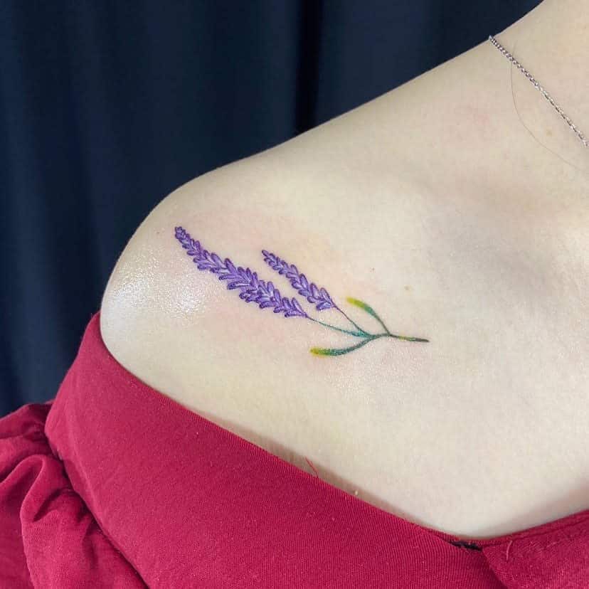A lavender tattoo on the shoulder