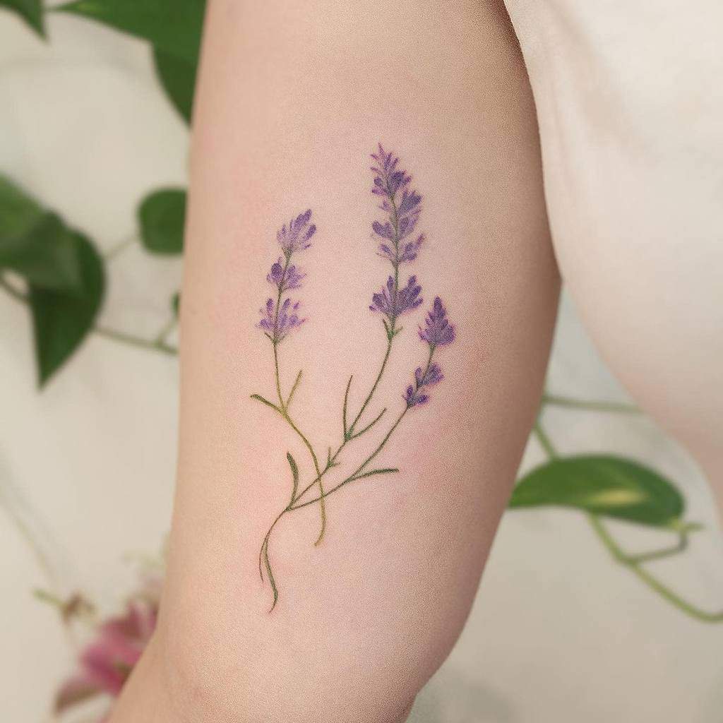 Tattoo of three lavender sprigs on an arm