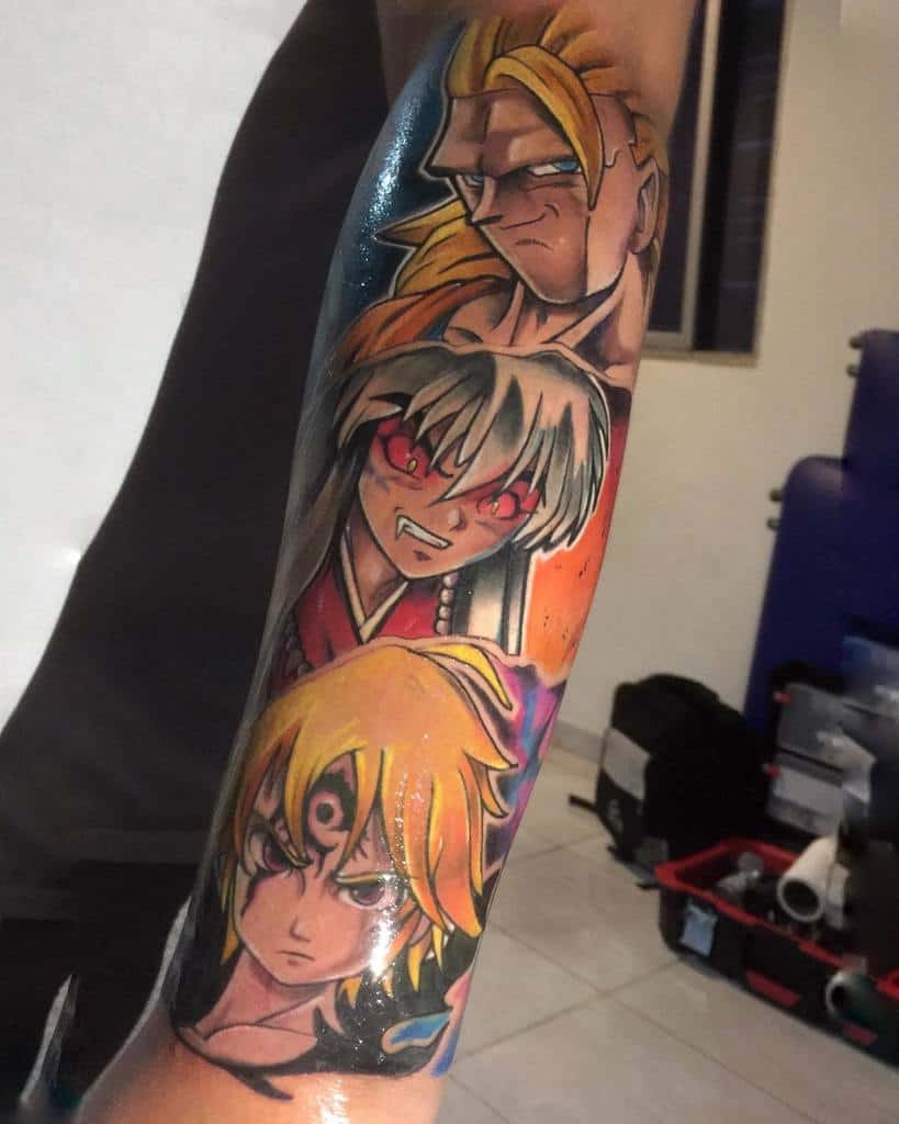 Colorful tattoo featuring Meliodas in his Assault Mode from The Seven Deadly Sins, along with Inuyasha and Goku