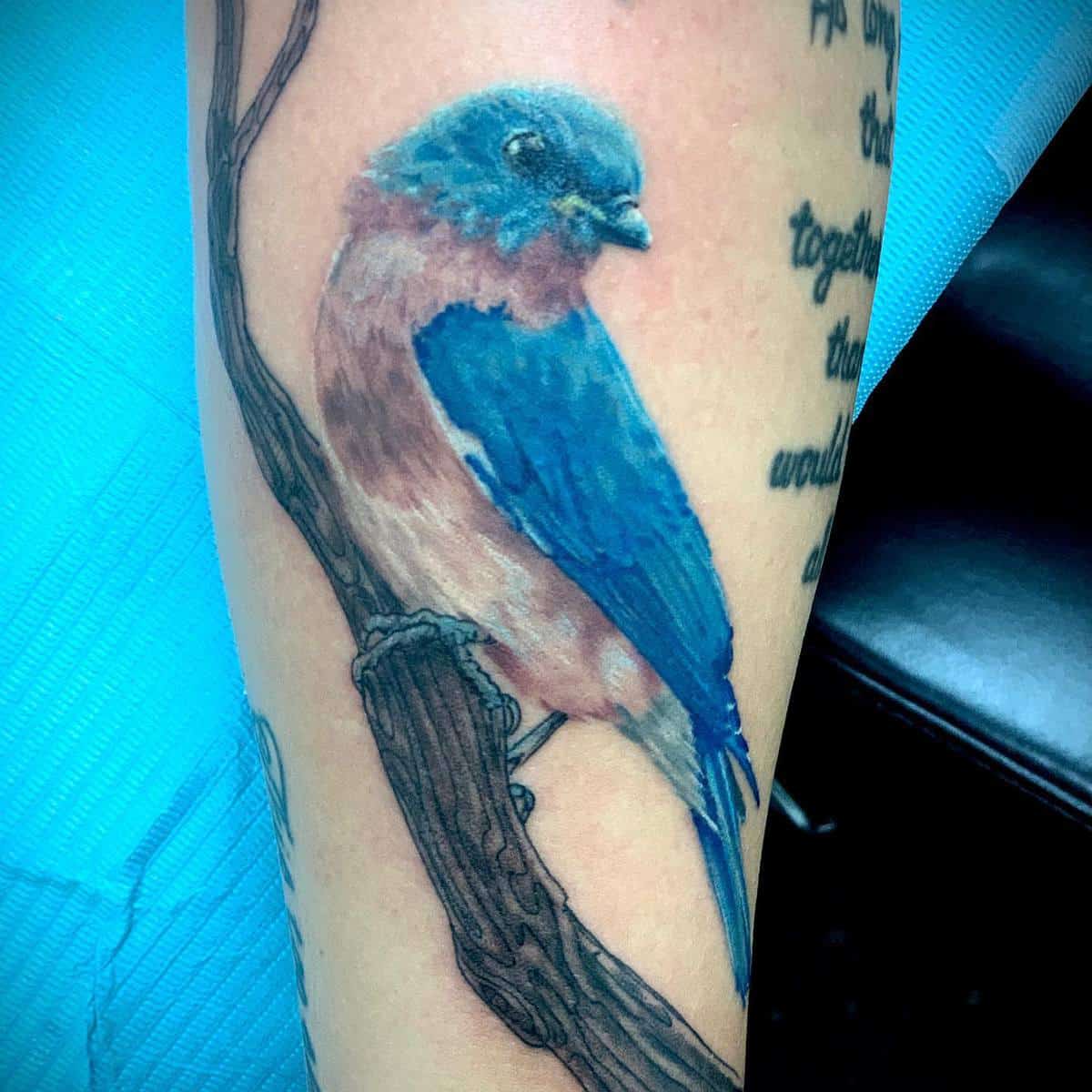 Tattoo of a bluebird perched on a branch displayed on an arm