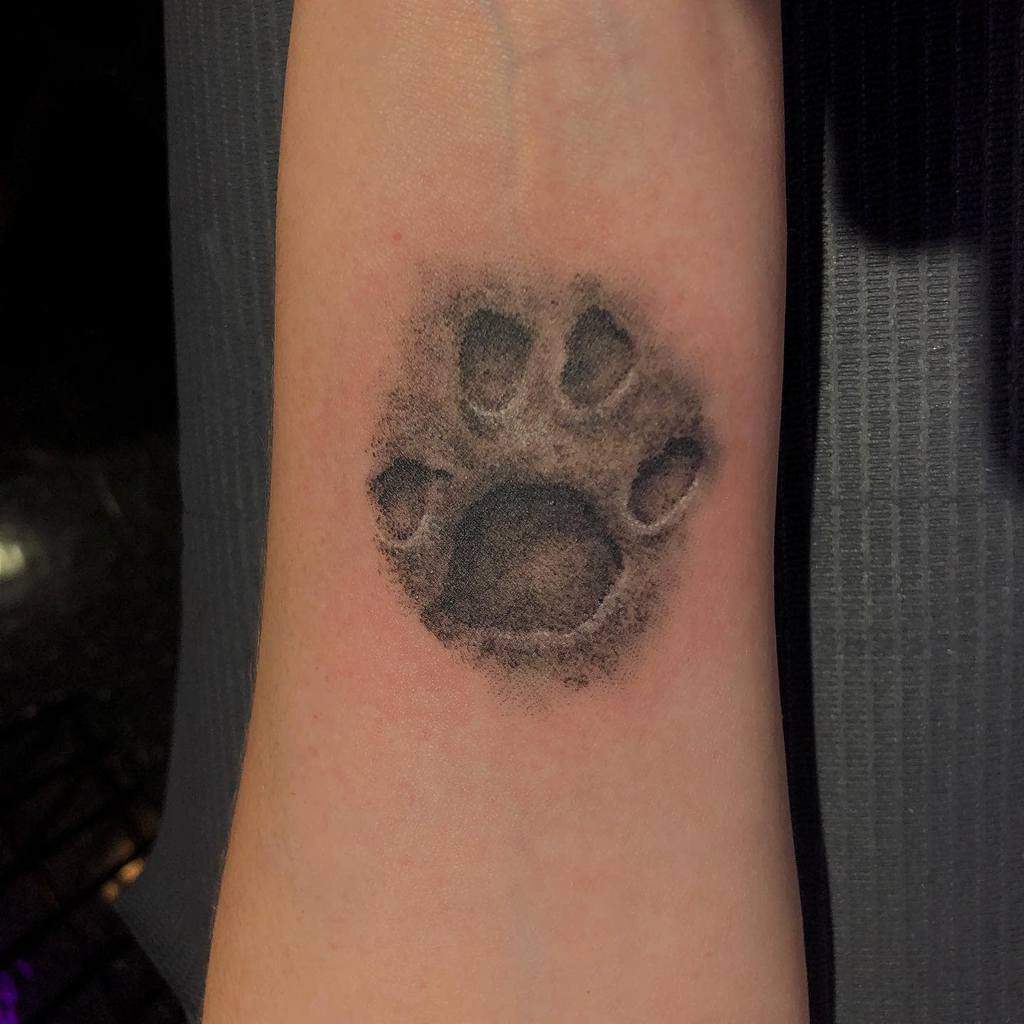 A realistic cat paw print tattoo graces the person’s forearm