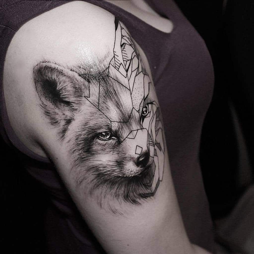 A detailed fox tattoo with a blend of realistic shading and geometric lines, merging natural fur with abstract shapes