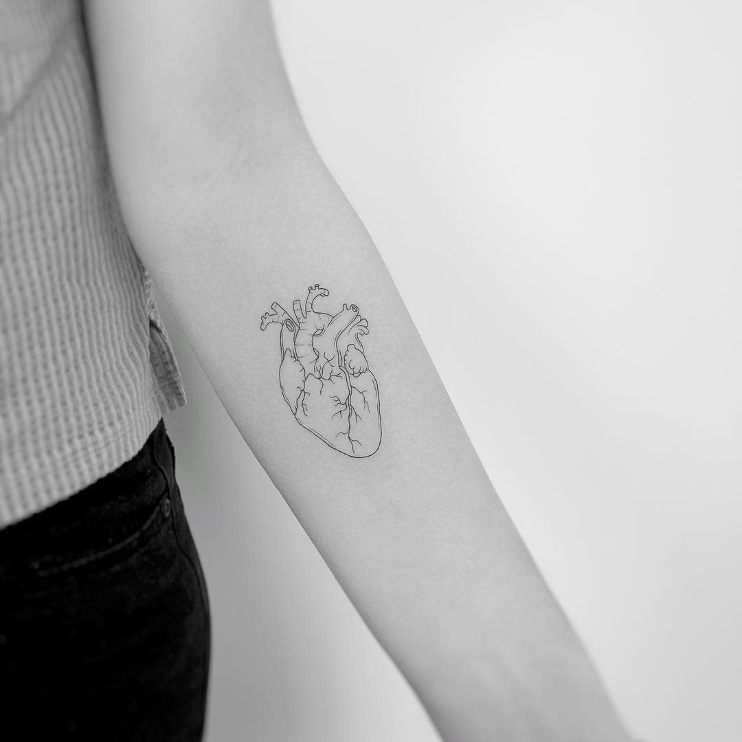 Black line tattoo of an anatomical heart on a forearm
