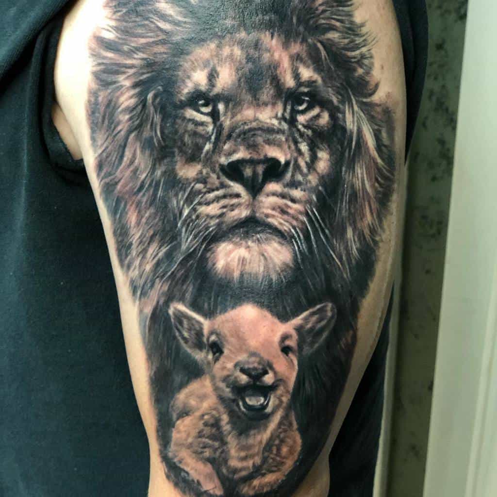 Arm tattoo of a realistic lion's face above a cute lion cub's face, capturing the juxtaposition of ferocity and innocence, akin to the contrast between a lion and a lamb