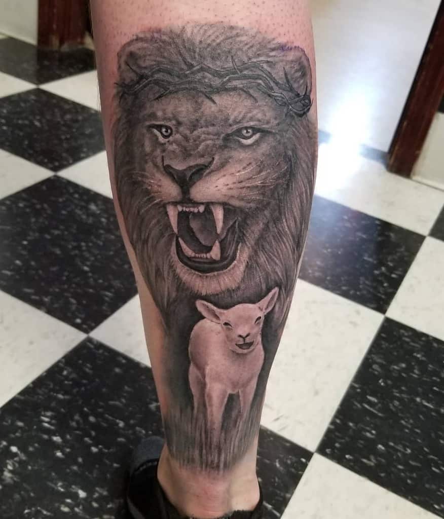 Tattoo of a lion roaring with a lamb nestled below it on a person's calf