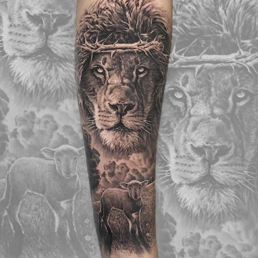 Forearm tattoo of a lion proudly wearing a crown of thorns, with a gentle lamb nestled below it