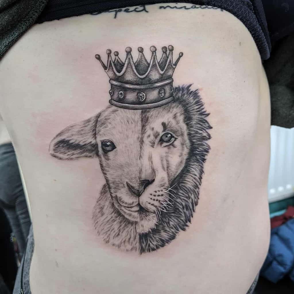 Tattoo of a half-lion, half-lamb face wearing a crown on a person's side torso