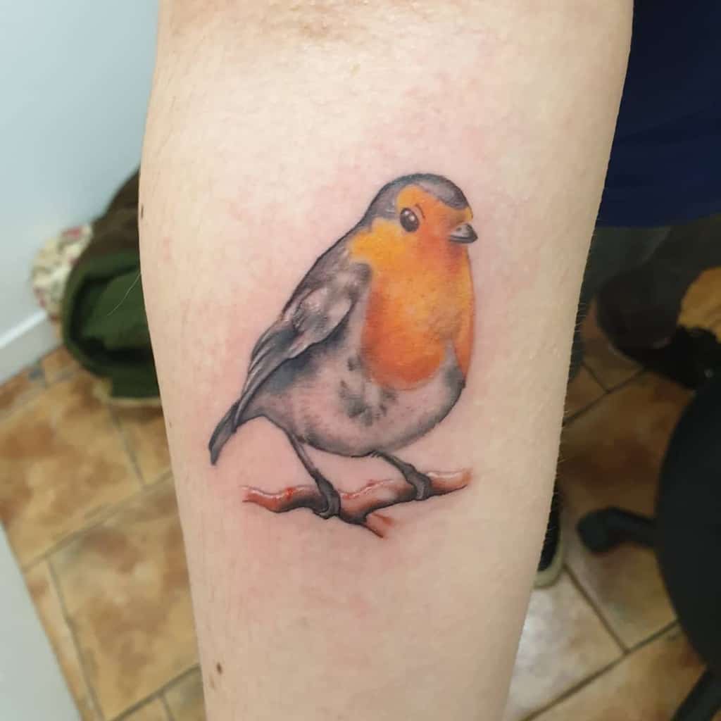 Tattoo of a robin with an orange breast perched on a branch