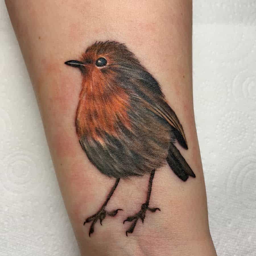 Realistic robin tattoo, showcasing its orange breast and intricate wing details