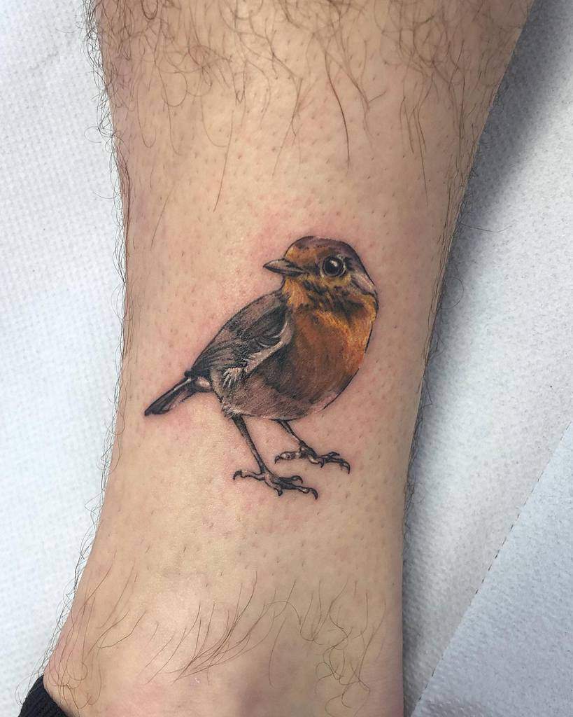 Tattoo of a small brown and orange robin, detailed and realistic in appearance