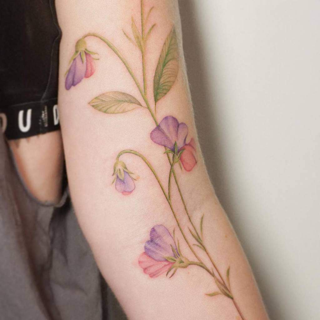 A realistic tattoo of sweet pea flowers with subtle gradient coloring, creating a soft and natural look