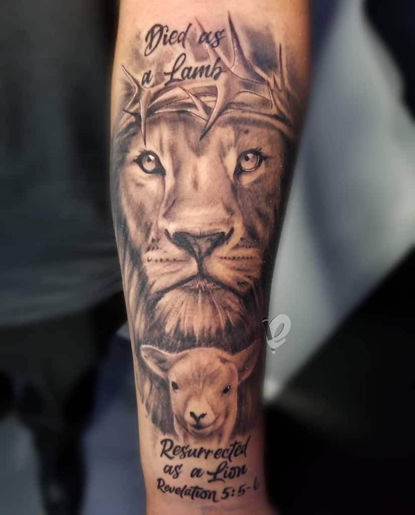 Tattoo of a lion and lamb with text saying, "Died as a Lamb, Resurrected as a Lion, Revelation 5:5-6