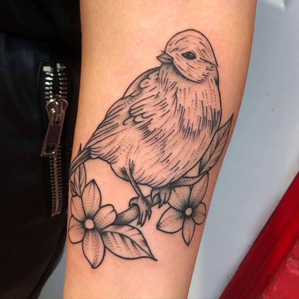 Black and grey tattoo of a robin perched on a branch with leaves and flowers