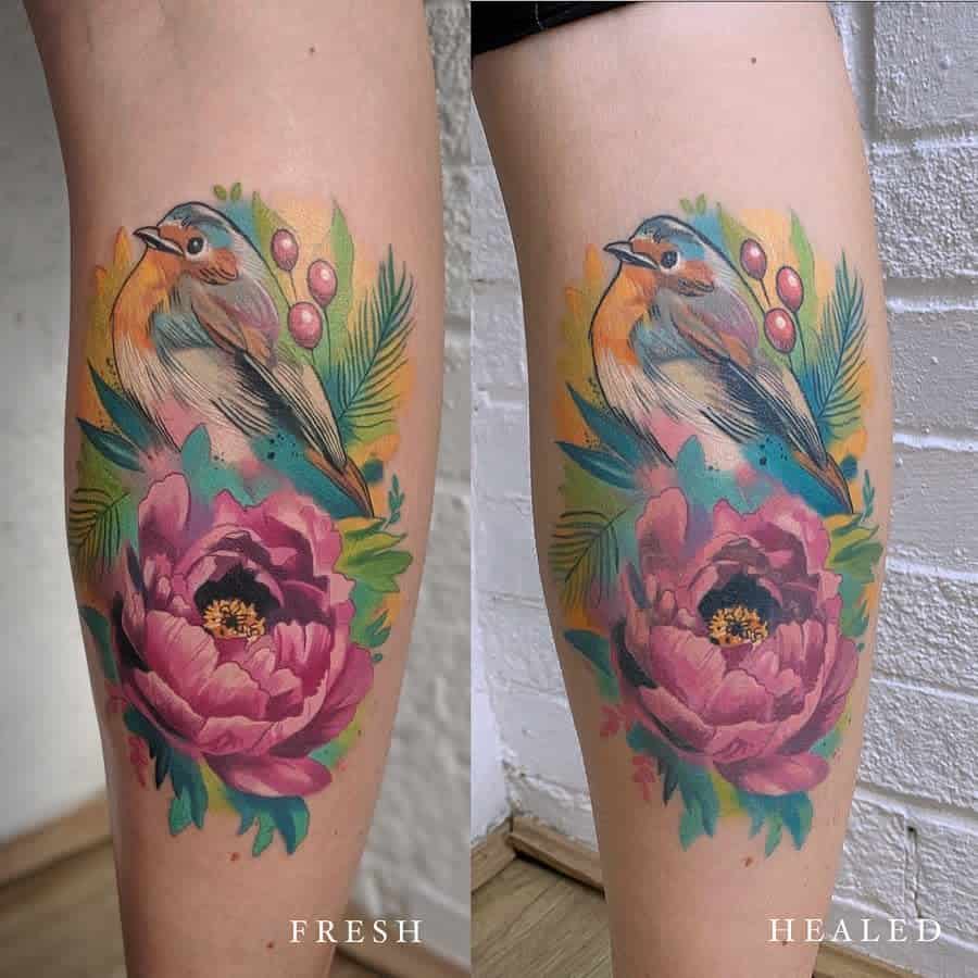 Fresh and healed versions of a colorful tattoo featuring a robin, pink flower, berries and leaves with colorful watercolor background