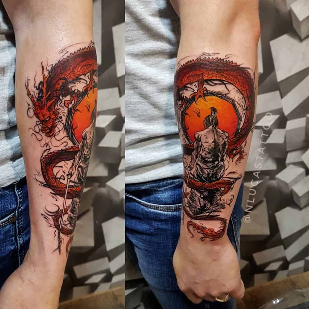 Vibrant forearm tattoo of a Ronin facing a red dragon, set against a fiery orange sun, blending bold colors with intricate details