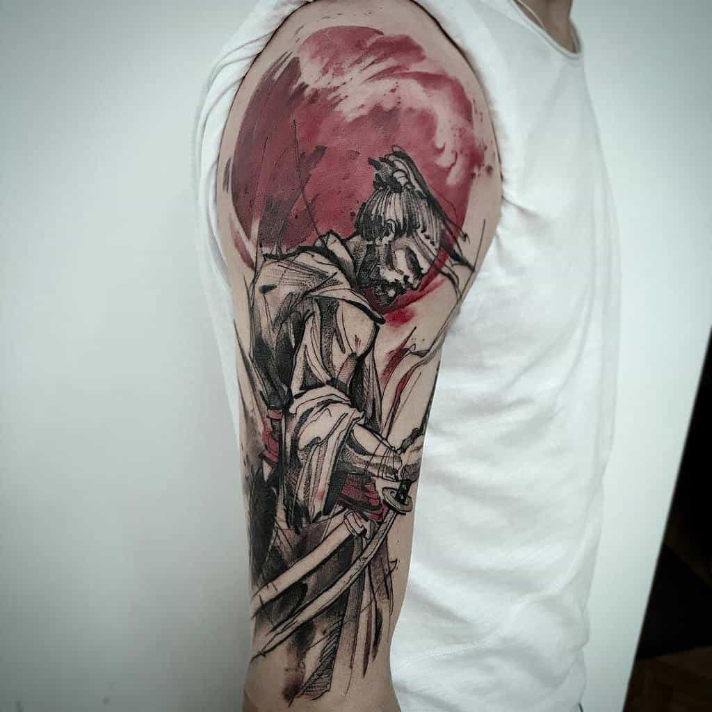A dynamic samurai tattoo featuring a warrior in action with a katana, set against a red sun, blending black and gray shading with vibrant highlights
