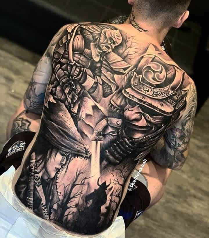 Epic full-back tattoo showcasing a detailed samurai helmet, warriors in battle, and a serene waterfall, blending action and nature