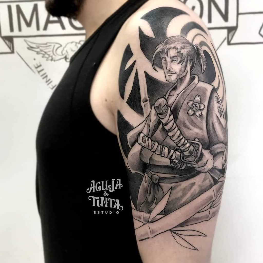Black-and-gray tattoo of a samurai warrior holding two swords, with bamboo and a floral accent in the background, capturing a calm yet powerful pose