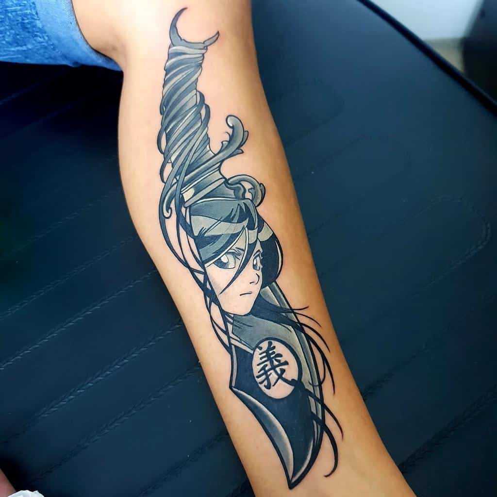 Black and grey tattoo of Rukia Kuchiki from Bleach, integrated into a stylized sword design with flowing elements and the kanji for 'righteousness' 