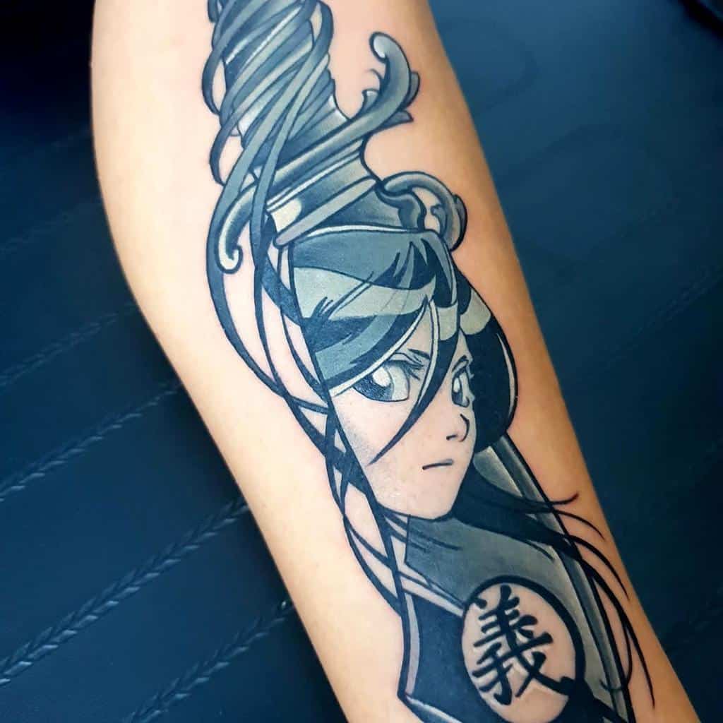 Black and grey tattoo of Rukia Kuchiki from Bleach, integrated into a stylized katana with flowing details and the kanji for 'righteousness'