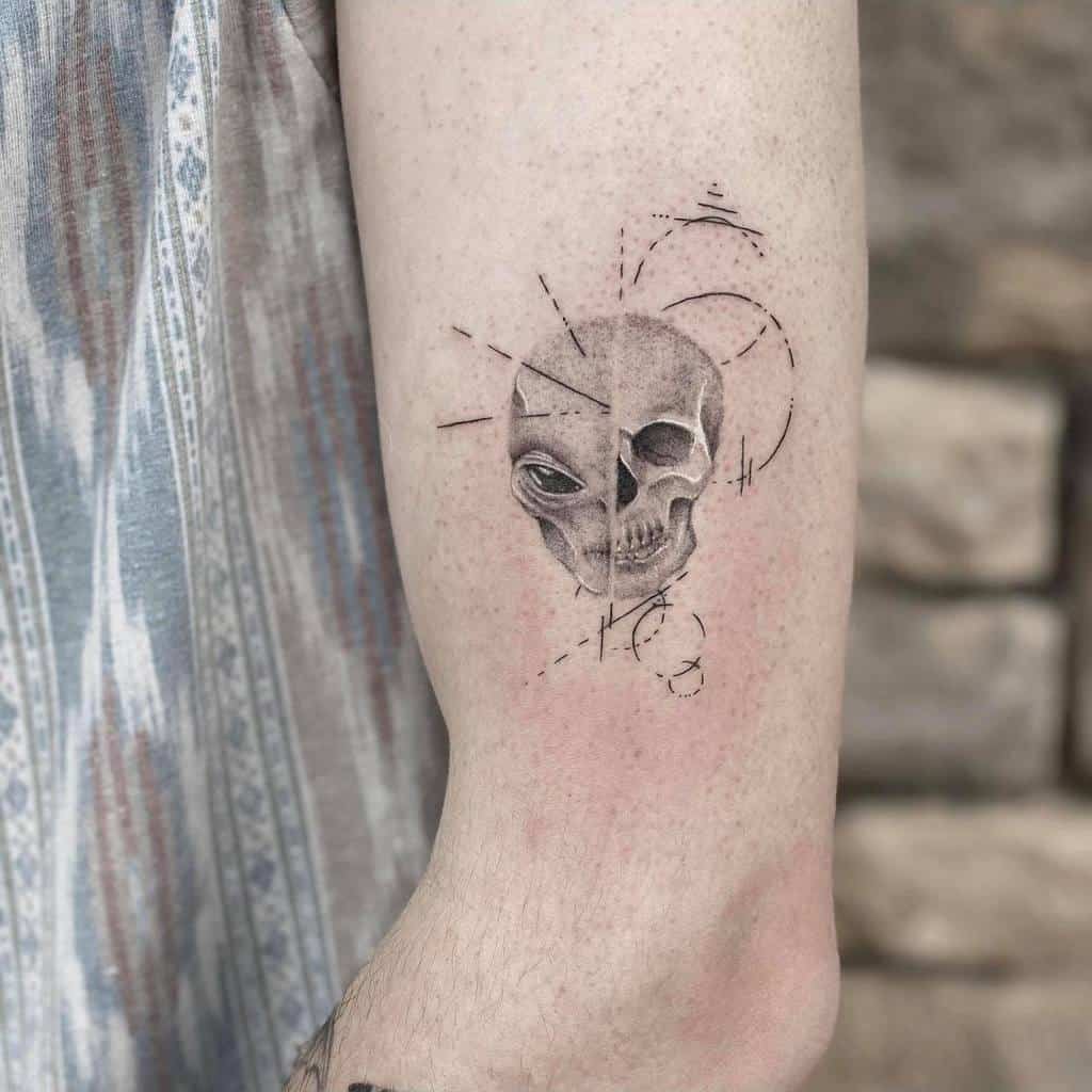 Tattoo of a half-skull, half-alien head with geometric lines on a person's upper arm crafted with intricate single needle detail
