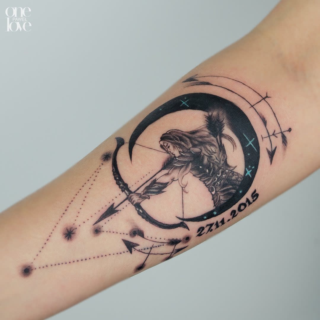 Tattoo of an archer on an arm with constellations and the date