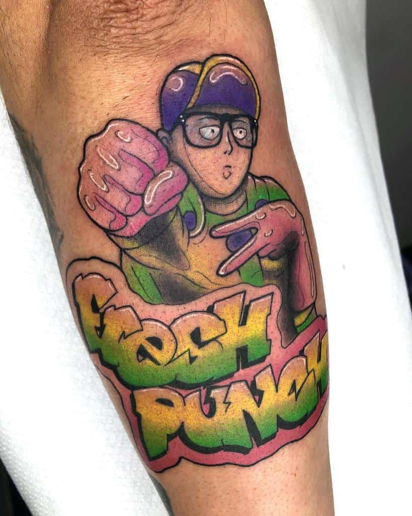 A vibrant and graffiti-style tattoo of Saitama from One Punch Man reimagined in streetwear, with bold "Fresh Punch" lettering in colorful shades