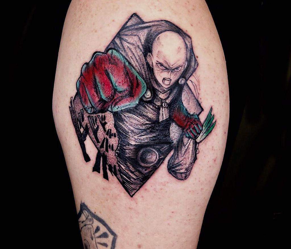Tattoo of Saitama from One Punch Man breaking through the skin with a powerful punch, featuring bold red gloves and dynamic shading