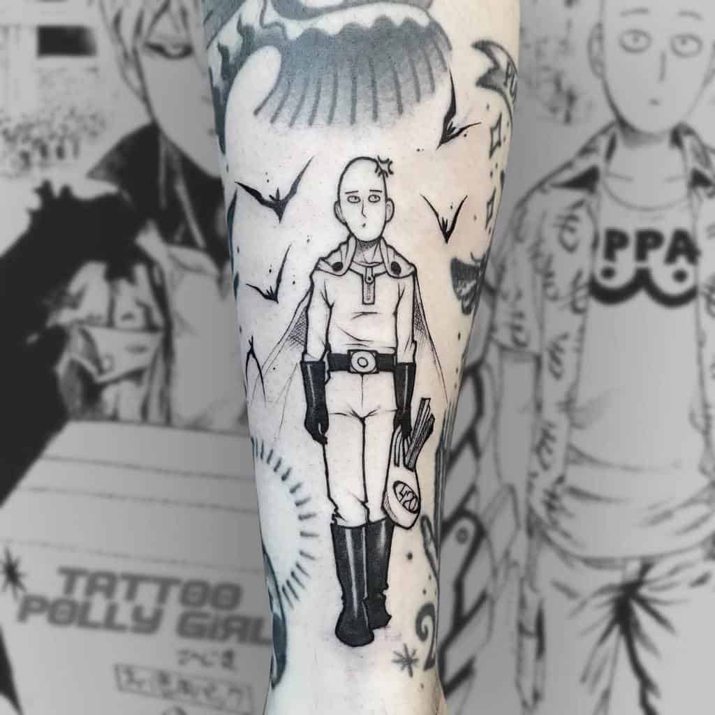 Black and grey tattoo of Saitama from One Punch Man standing calmly with a shopping bag, surrounded by birds and abstract elements