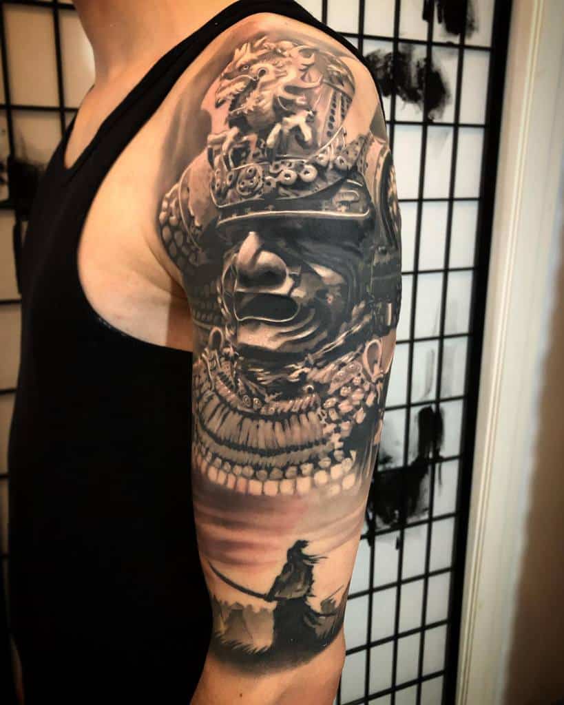 Epic samurai tattoo with intricate helmet details, a lion emblem, and a dramatic silhouette of a warrior at sunset