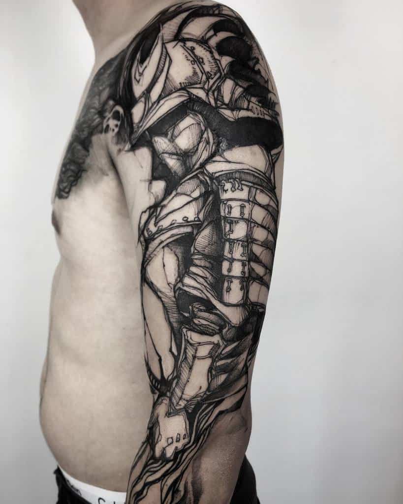 Detailed black-and-white samurai tattoo showcasing a warrior in full armor with intricate shading, creating a powerful stance