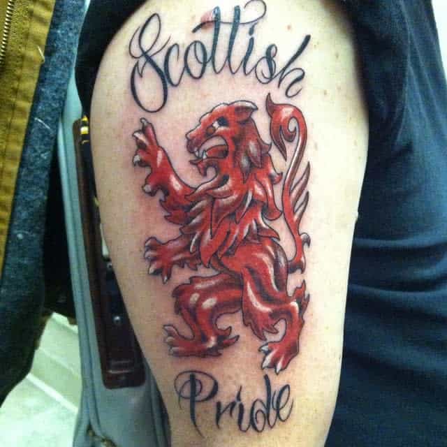 Colorful Scottish tattoo of a red lion rampant, with "Scottish Pride" written above and below the design