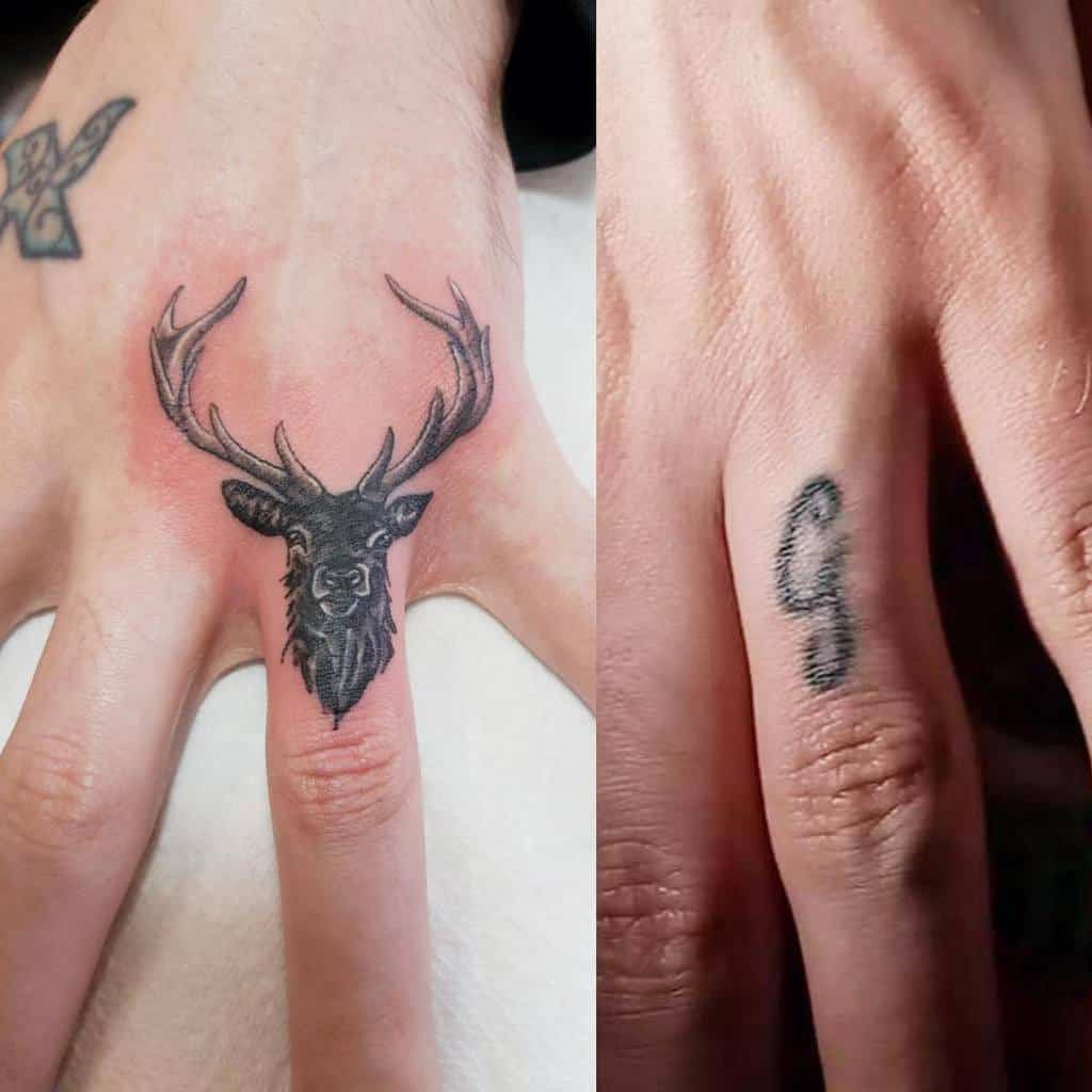 Two close-up images of fingers with tattoos: left has a Scottish stag with antlers, and right features a small, stylized letter or symbol