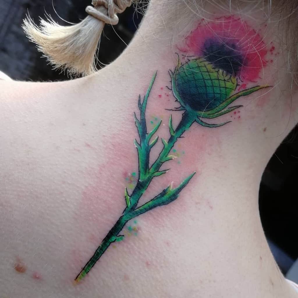 A colorful Scottish thistle tattoo with red and green hues