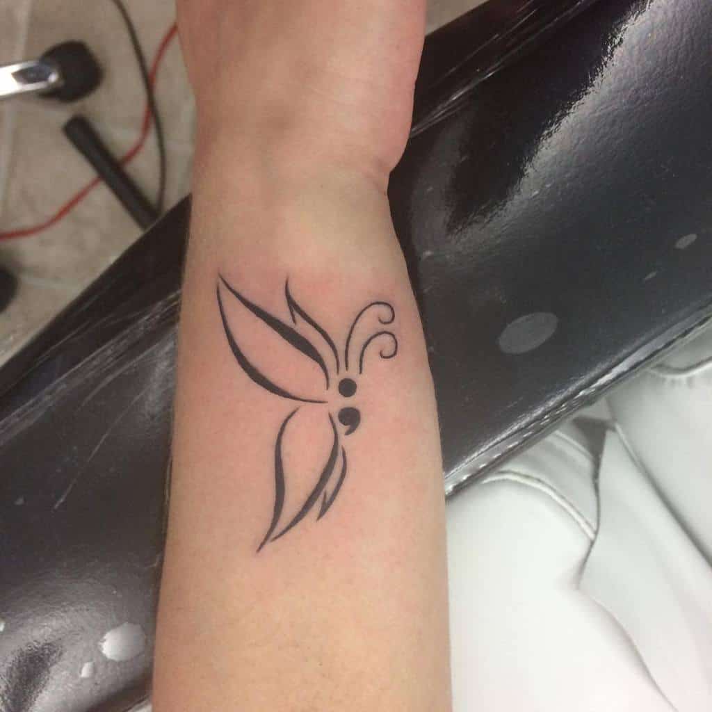 Minimalist semicolon butterfly tattoo, symbolizing resilience, hope, and transformation with flowing, elegant lines