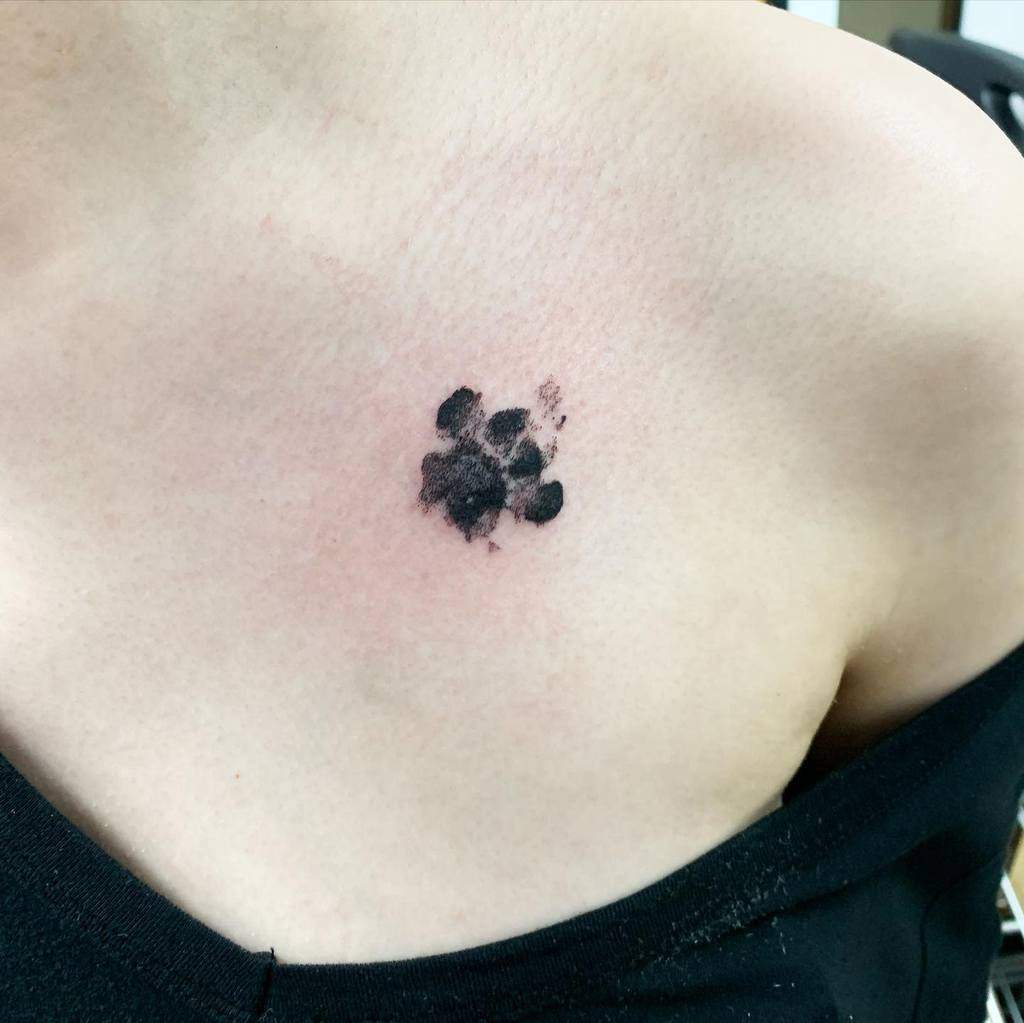 A shaded cat paw print tattoo on a an upper chest