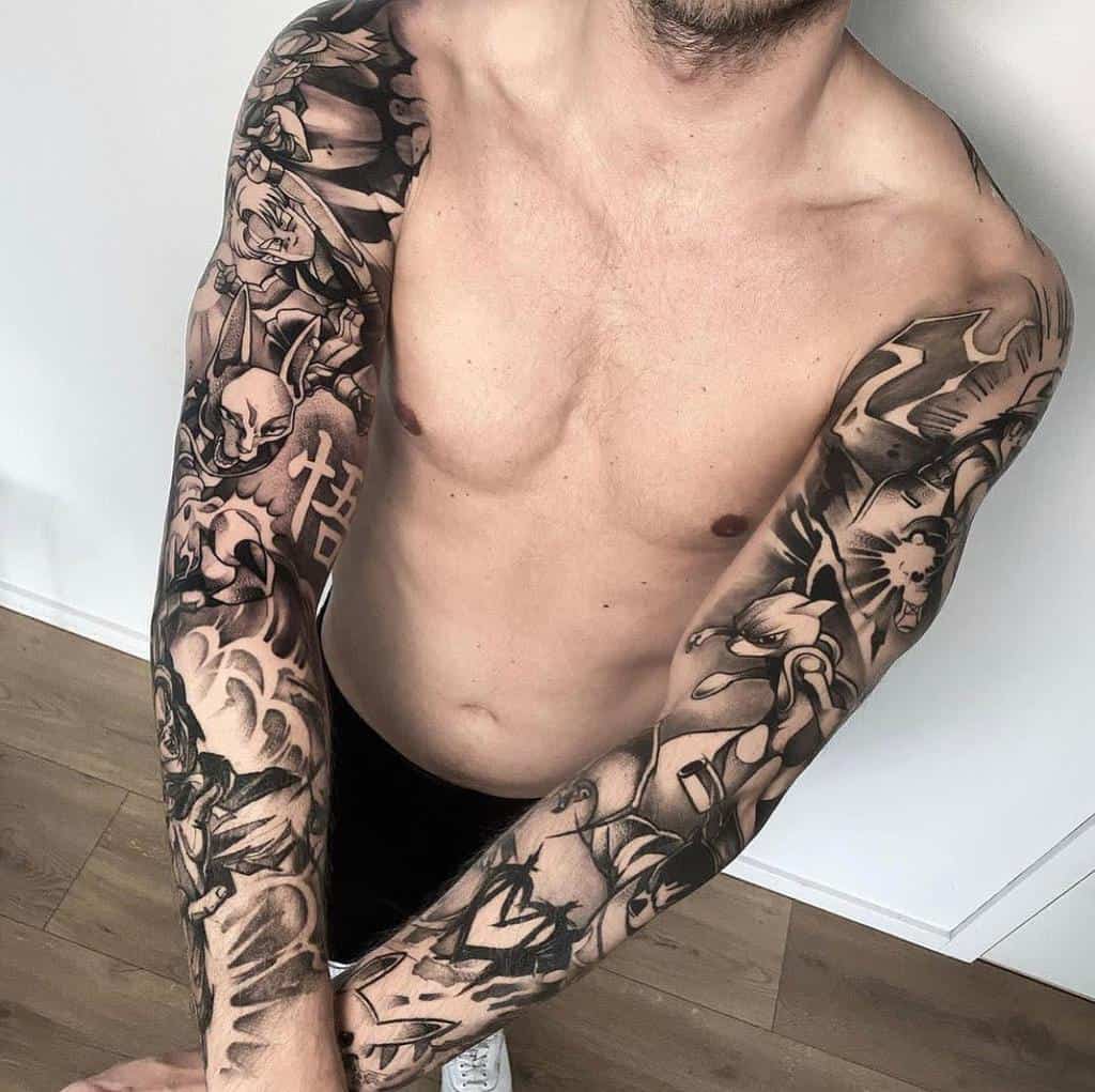 A black and grey full sleeve tattoo featuring a collection of dynamic characters and symbols from anime, with detailed shading and bold outlines, covering the arm from shoulder to wrist