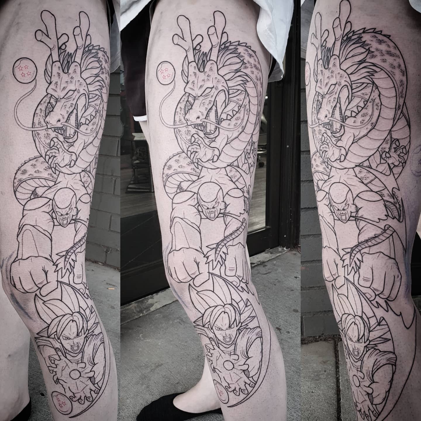 Large outline tattoo on the leg featuring Shenron, Piccolo, and Goku, ready for shading and color
